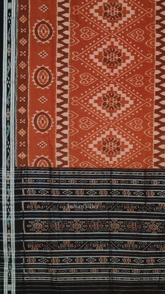 Light Brown Black Floral Odisha Handloom Sambalpuri Ikat Cotton Saree