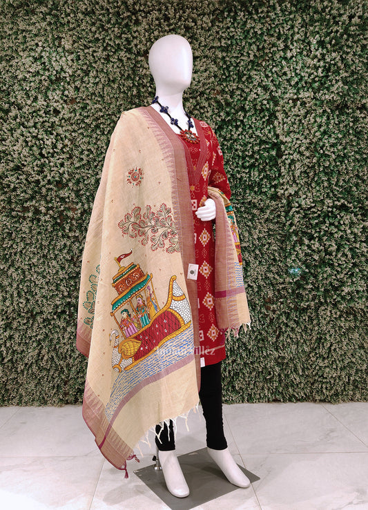 Cream Boita Bandana Tussar Pattachitra Dupatta