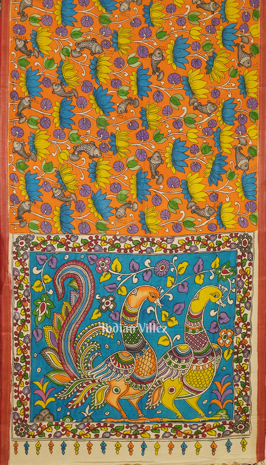 Orange Lotus Fish Hand-Painted Kanjivaram Silk Kalamkari Saree