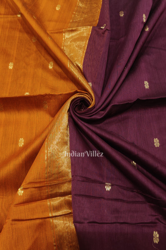 Purple Wine with Mustard Yellow Leaf Motif Pure Silk Cotton Maheshwari Saree