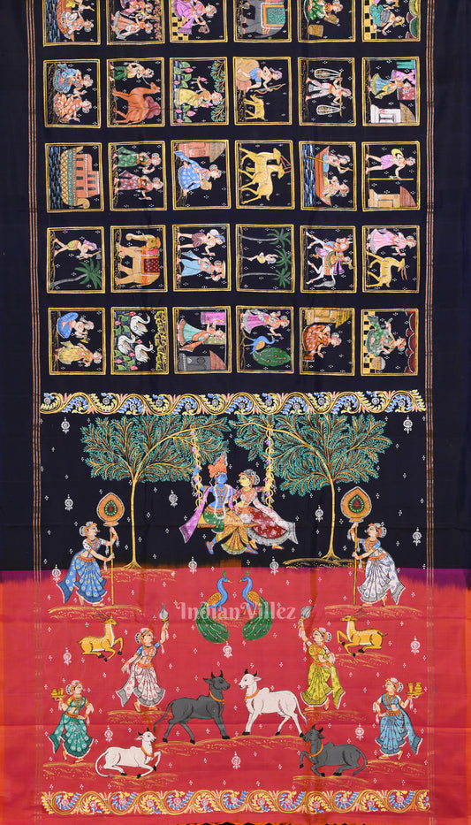 Navy Blue Radha Krishna Hand-Painted Pattachitra Silk Saree