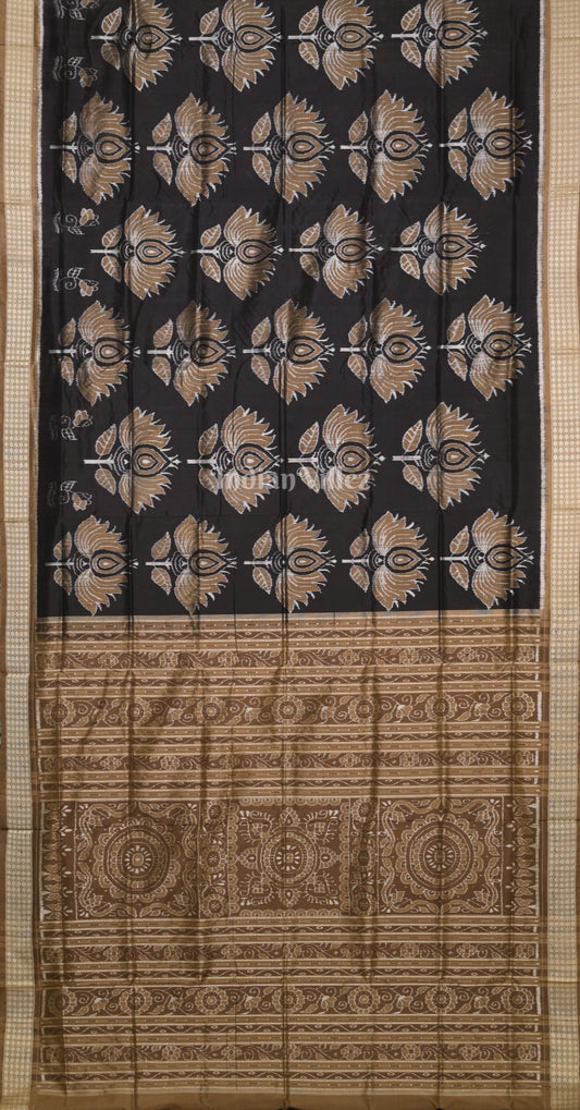 Black Brown Lotus Motif Odisha Ikat Sambalpuri Silk Saree