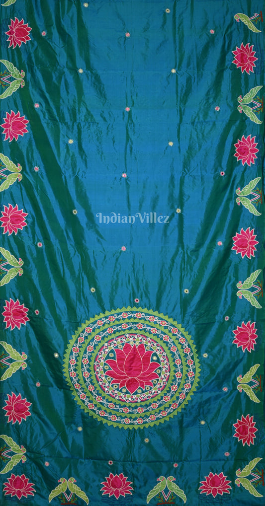 Blue Pink Lotus Parrot Motif Hand Embroidered Applique Work Saree