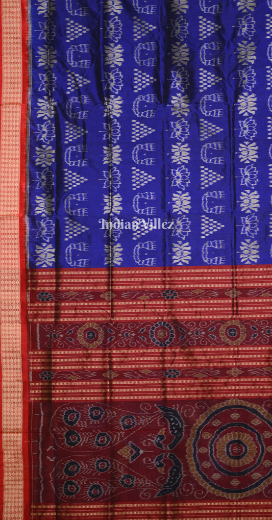 Blue Maroon Laxmi Jhoti Theme Odisha Ikat Sambalpuri Silk Saree