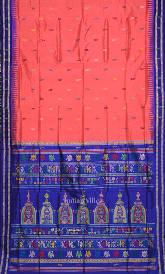 Red Blue Shree Mandir Theme Sambalpuri Ikat Silk Saree