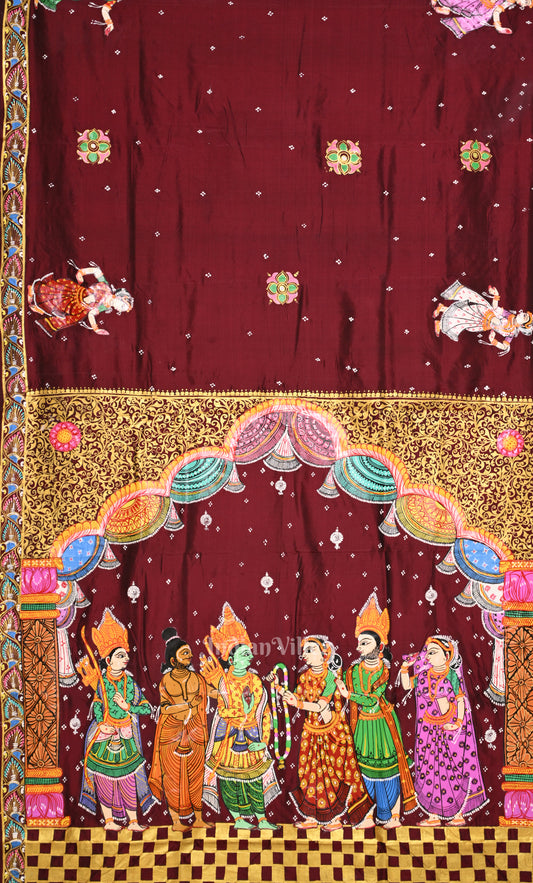 Deep Maroon Ramayan Theme Hand-Painted Pattachitra Saree