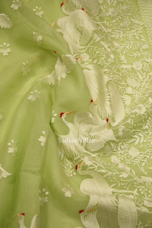 Pista Green Parsi Gara Floral Motif Hand Embroidered Saree