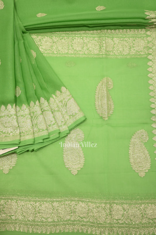 Parrot Green Pure Khaddi Chiffon Banarasi Saree