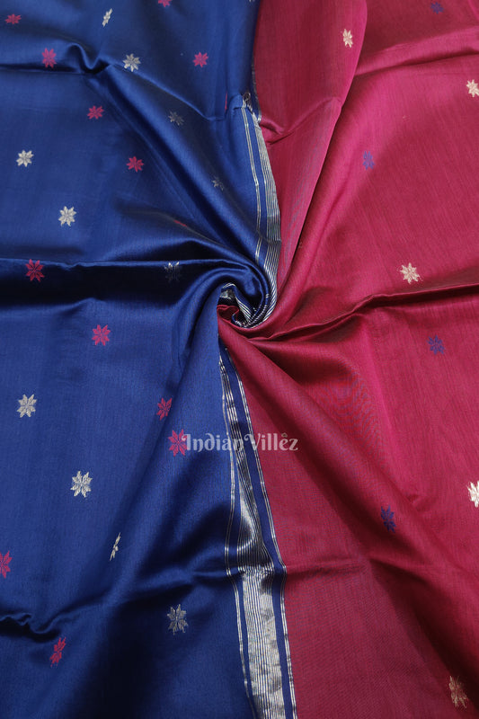 Royal Blue Leaf Motif Pure Silk Cotton Maheshwari Saree