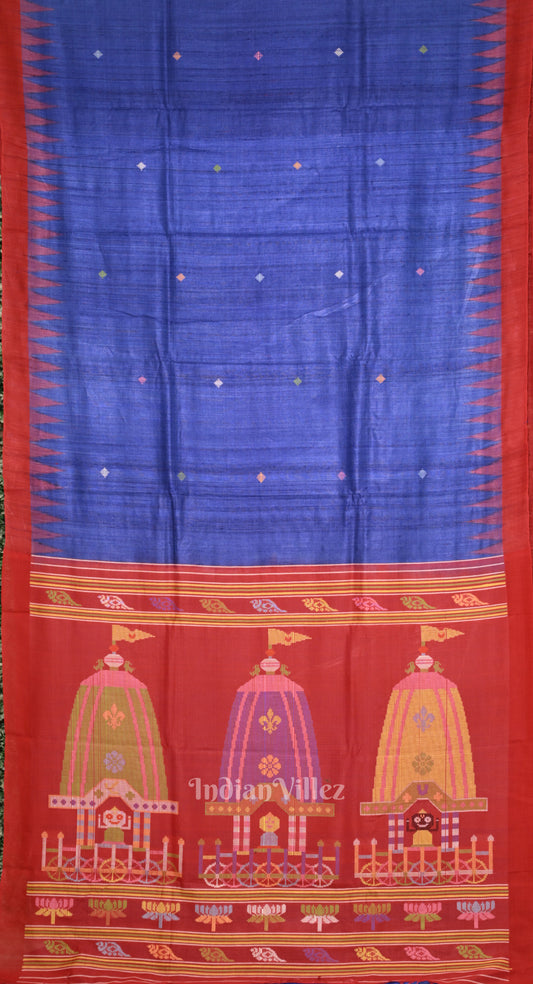 Blue Tussar Silk Saree with Red Shree Jagannath Ratha Yatra Anchal
