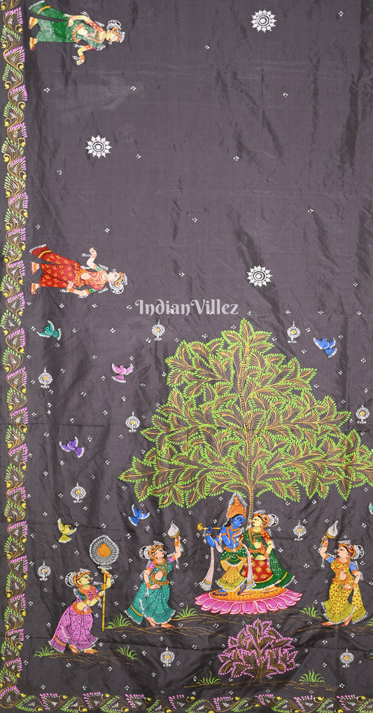 Black Krishna Rasa Leela Hand-Painted Pattachitra Saree