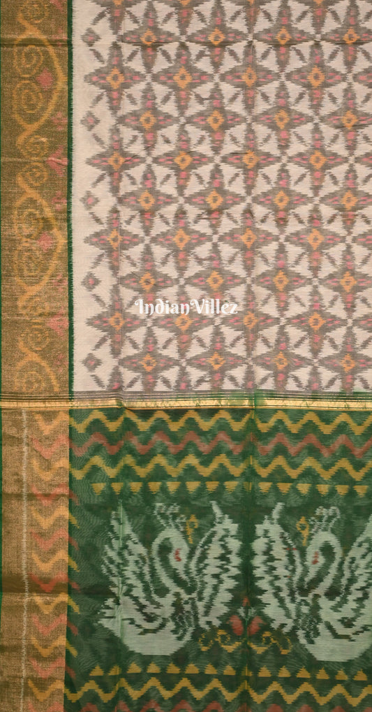 Cream Green Pochampally Ikat Silk Cotton (Sico) Saree