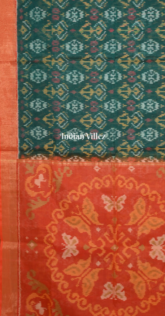 Sea Green Red Pochampally Ikat Silk Cotton (Sico) Saree
