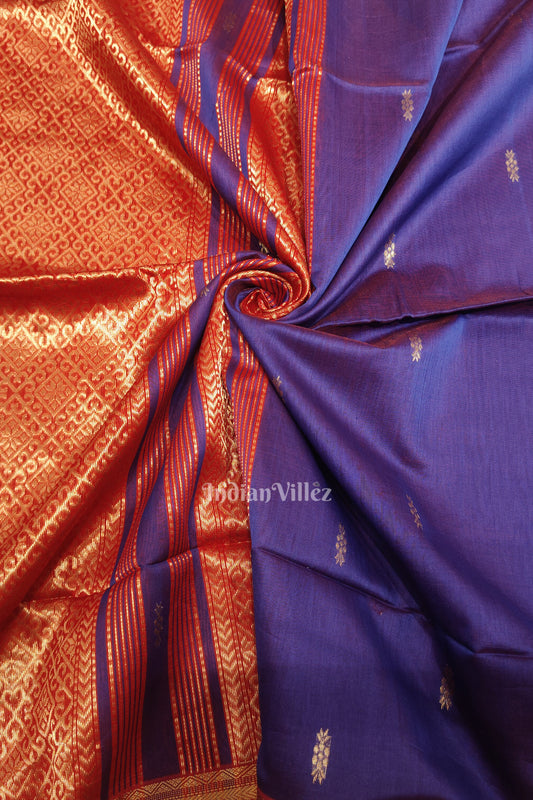 Blue Red Butta Design Pure Silk Cotton Maheshwari Saree with Zari Border