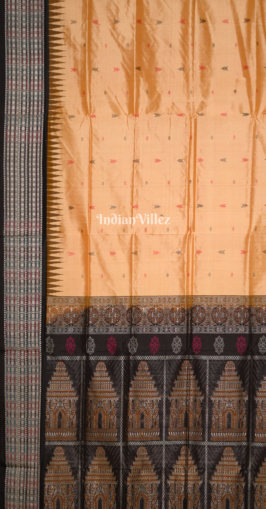 Beige Black Odisha Ikat Bomkai Sambalpuri Silk Saree with Konark Wheel Anchal