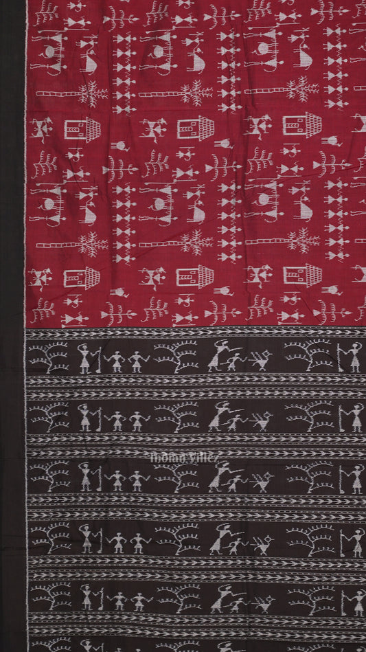 Maroon Black Tribal Theme Odisha Ikat Sambalpuri Cotton Saree