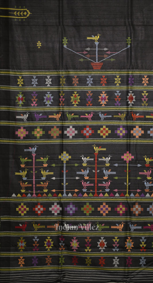 Black Tussar Silk Saree Inspired by Ganjam Bomkai Theme