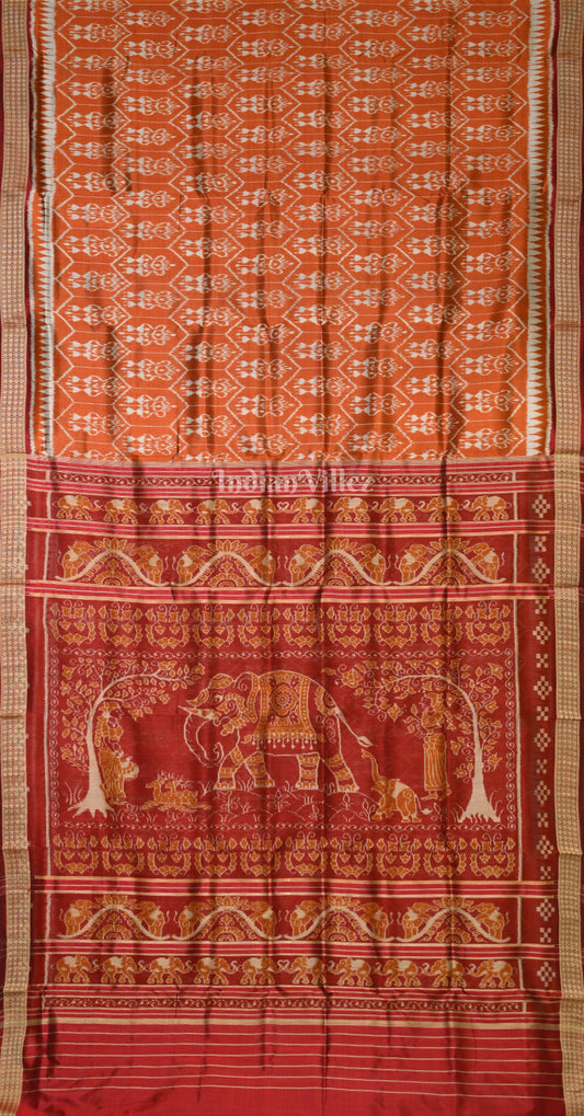 Orange Maroon Tribal Motif Odisha Ikat Sambalpuri Silk Saree