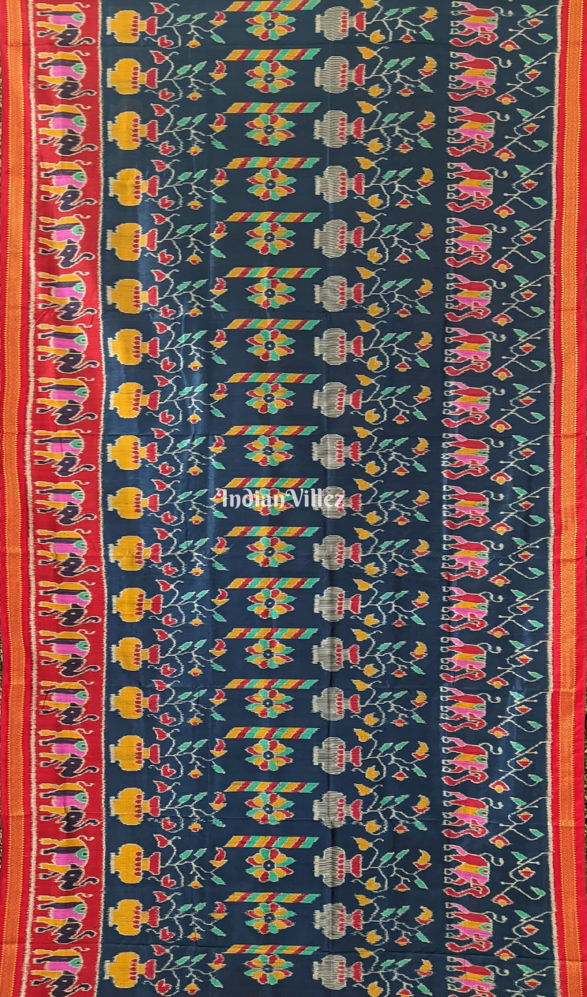 Peacock Blue Red Odisha Ikat Khandua Silk Saree
