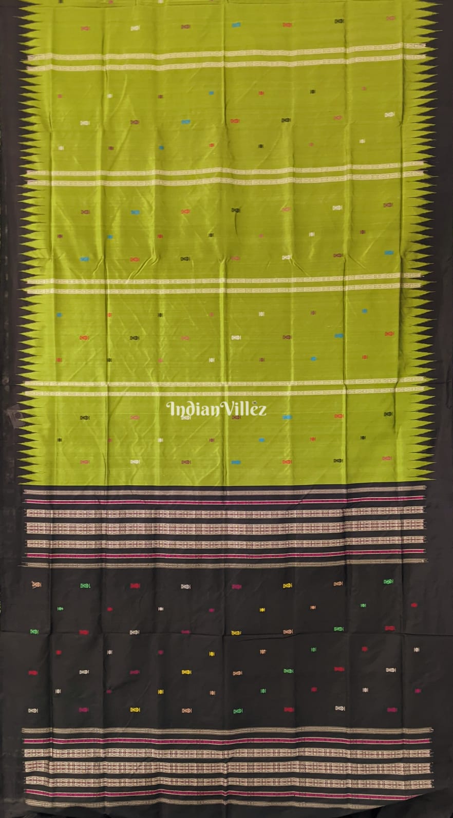 Parrot Green Fish Motif Odisha Ikat Bomkai Silk Saree