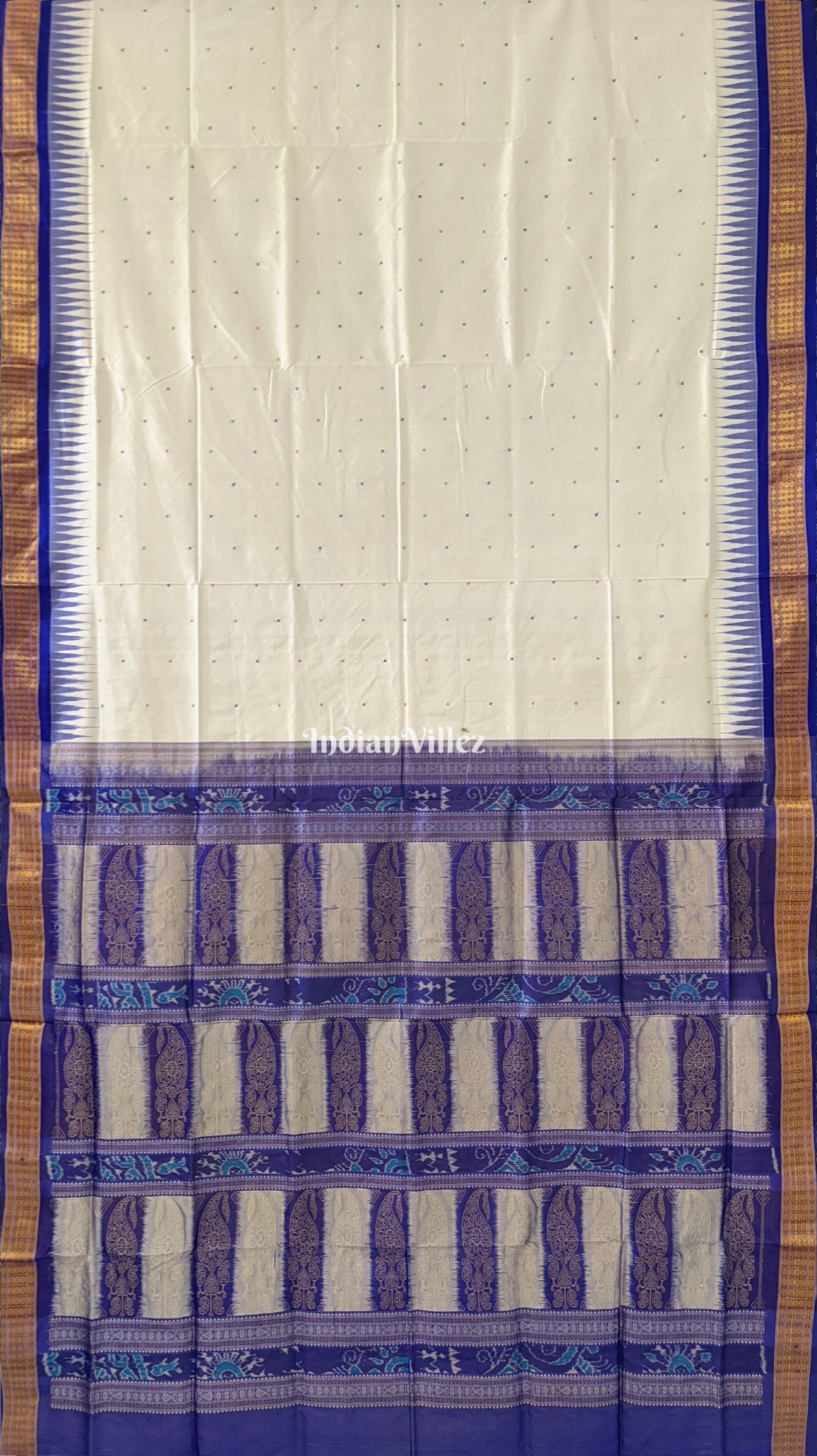 White Small Butta Sambalpuri Ikat Bomkai Silk Saree with Tissue Border & Anchal 