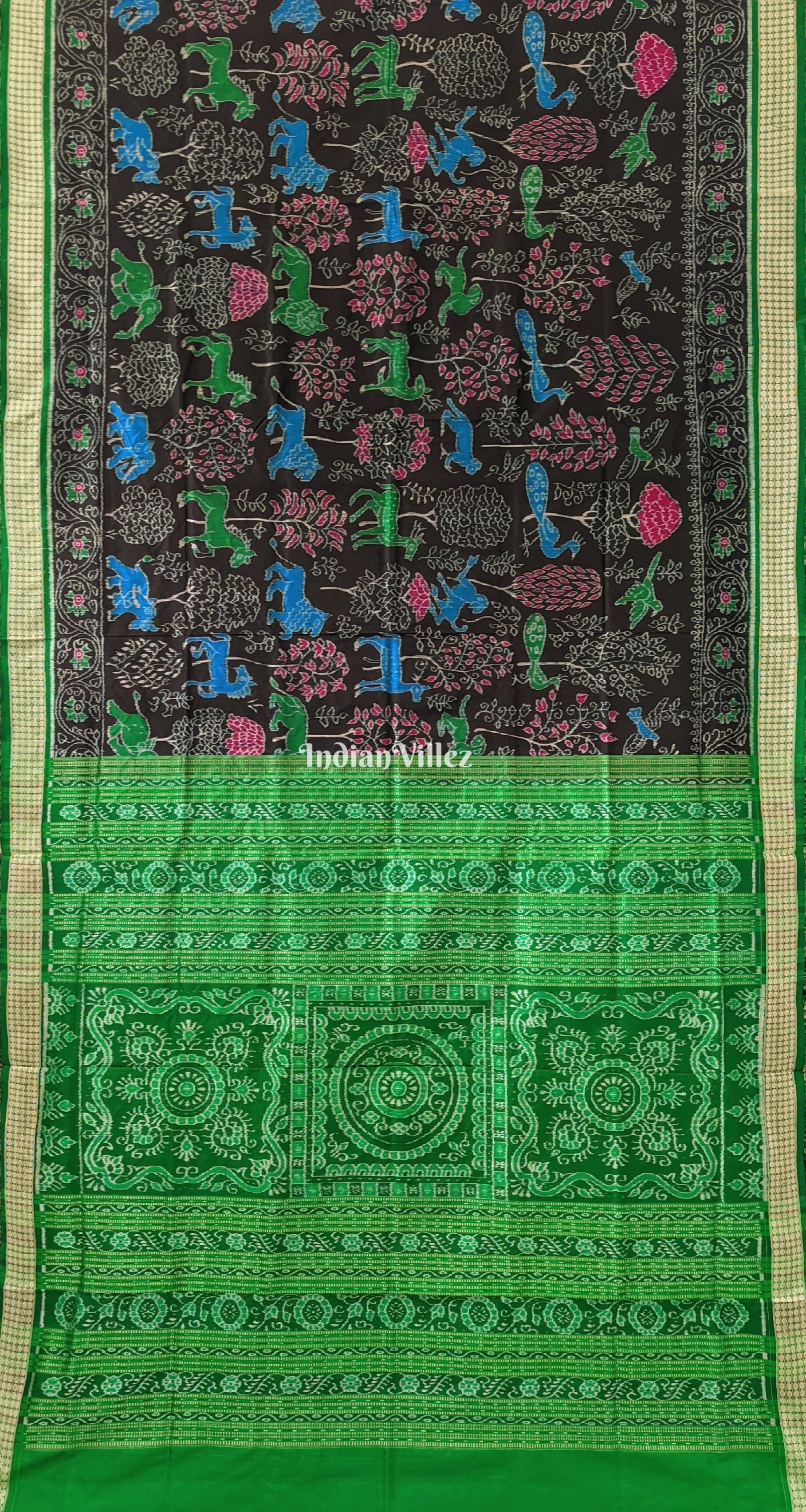 Black Green Forest Theme Sambalpuri Silk Saree