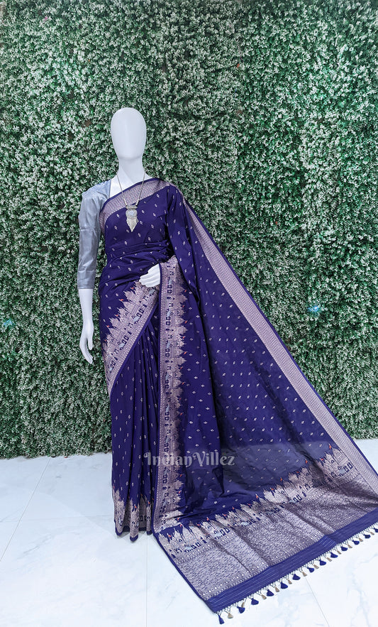 Bright Purple Buta Handwoven Banarasi Katan Silk Saree with Kashi Ghat Weaves