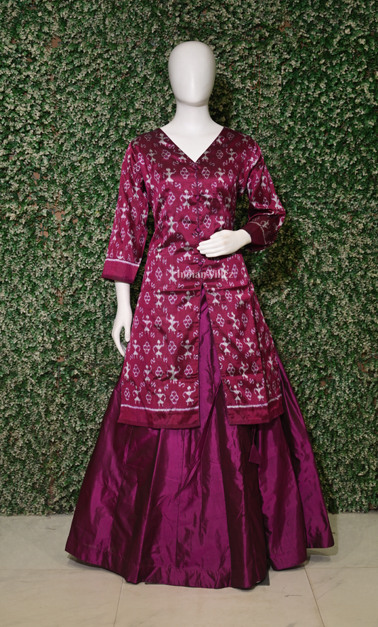 Maroon Tribal Odsiha Ikat Silk Kurti Set with Skirt