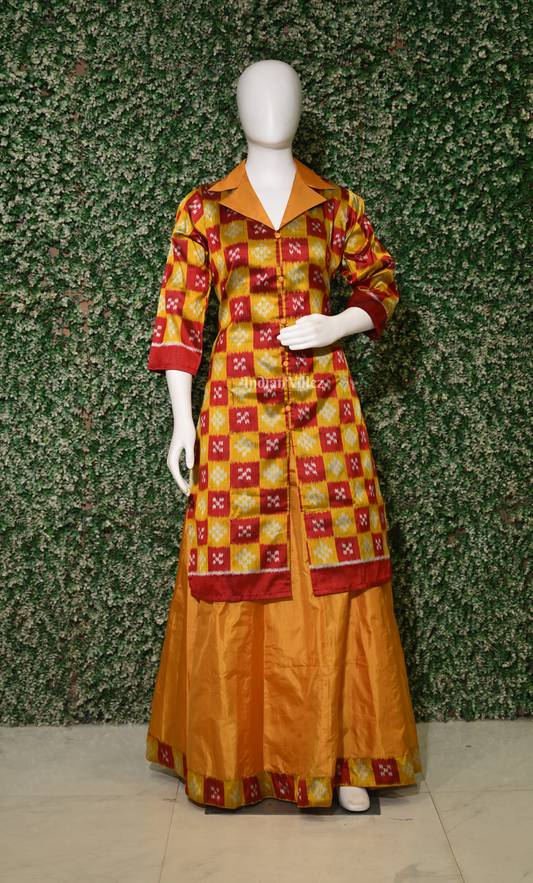 Yellow Maroon Pasapali Odsiha Ikat Silk Kurti Set with Skirt