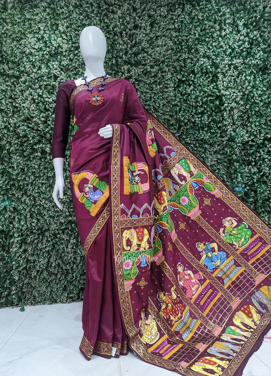 Maroon Elephant & Shringar Ras Pattachitra Saree