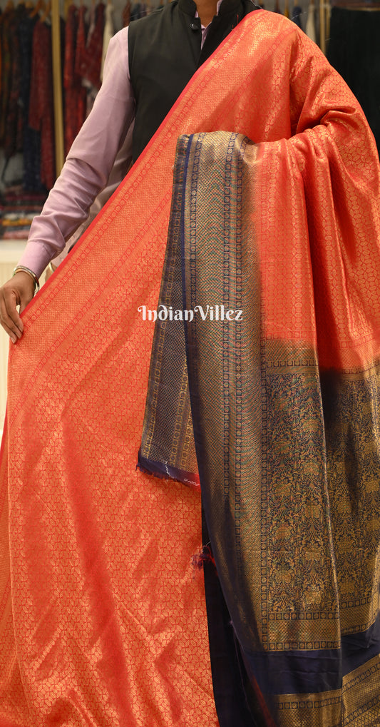 Reddish Orange Blue Kanjivaram Silk Saree