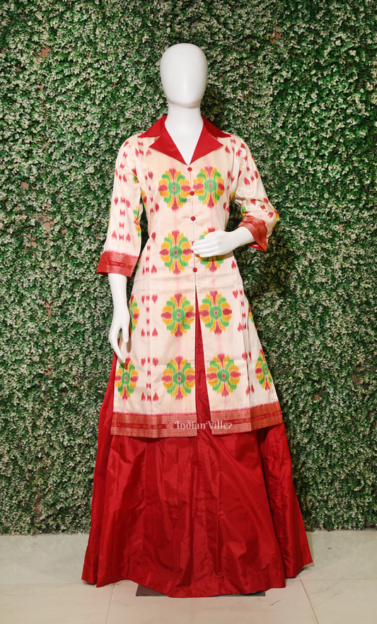 White Red Baghambari Khandua Silk Kurti Set with Skirt