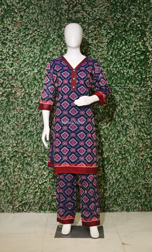 Blue Red Pasapali Flower Motif Cotton Kurti Set with Pallazo (Co-Ords Set)