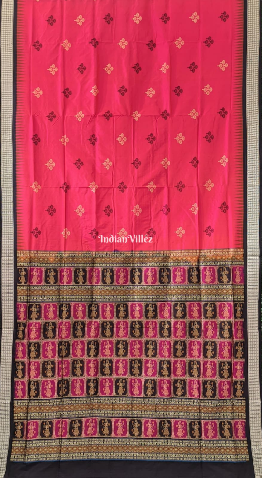 Floral Rani Dualtone Sambalpuri Silk Saree with Mushroom Motif & Nartaki Anchal