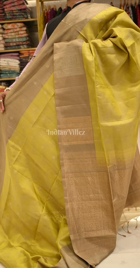 Lime Green Golden Zari Pure Kanjivaram Soft Silk Saree