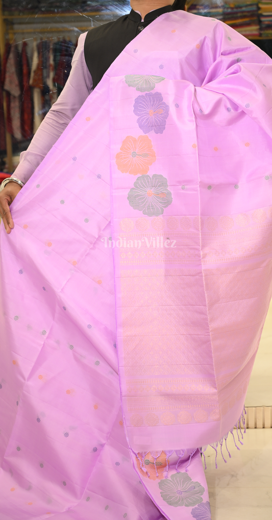 Pink Hibiscus Motif Pure Kanjivaram Soft Silk Saree