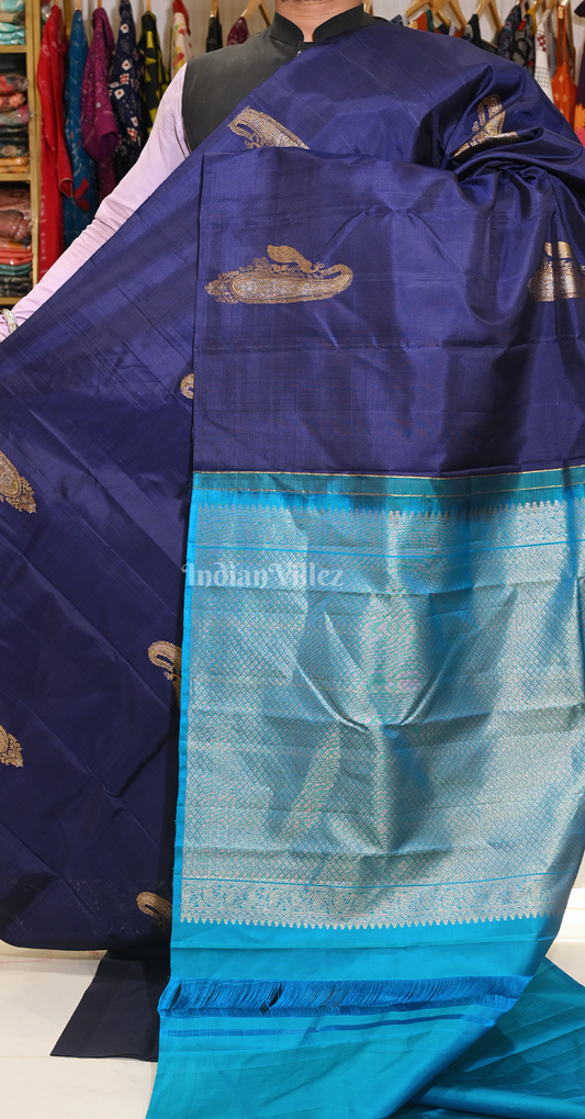 Navy Blue Paisely Design Brocade Pure Kanjivaram Silk Saree