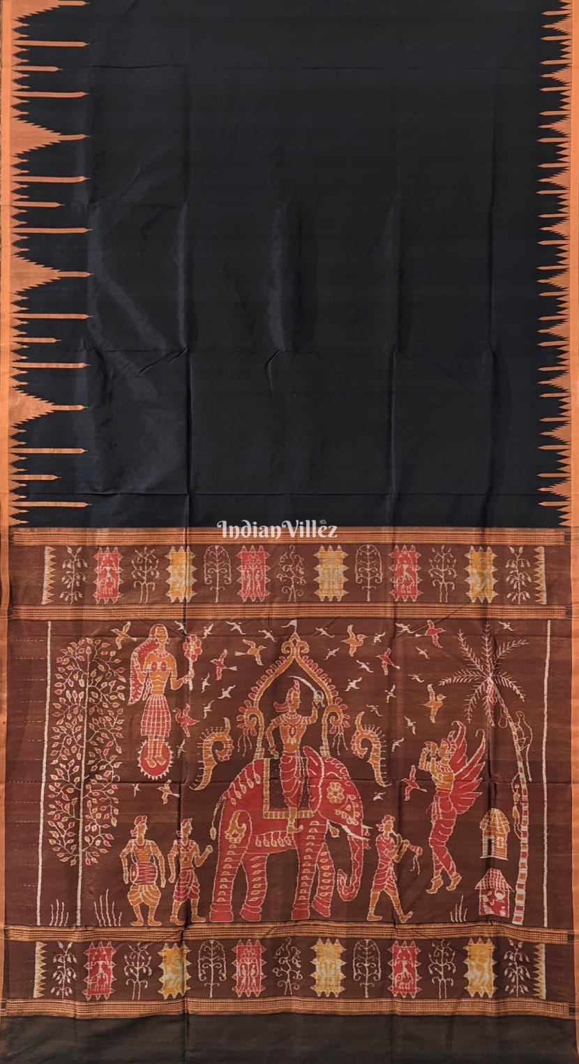 Black Body Phoda Kumbha Sambalpuri Ikat Silk Saree Border Zari (Tissue) with Tribal Anchal