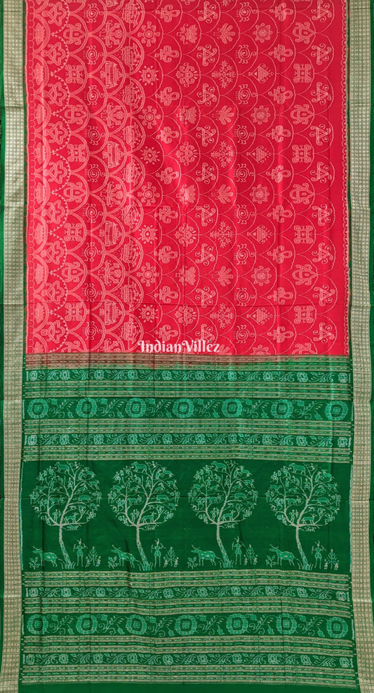 Reddish Orange Green Odisha Ikat Sambalpuri Silk Saree