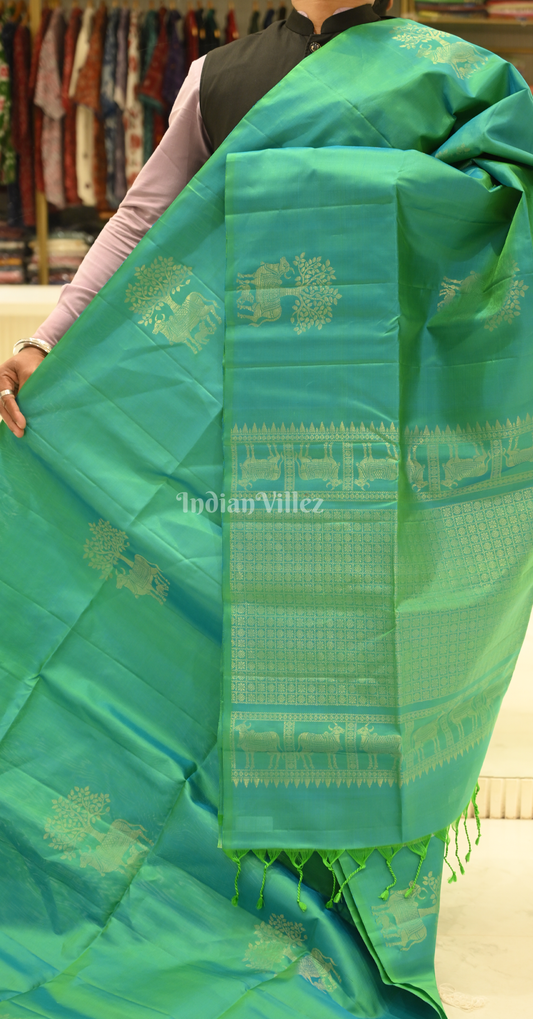 Sea Green Golden Zari Pure Kanjivaram Soft Silk Saree