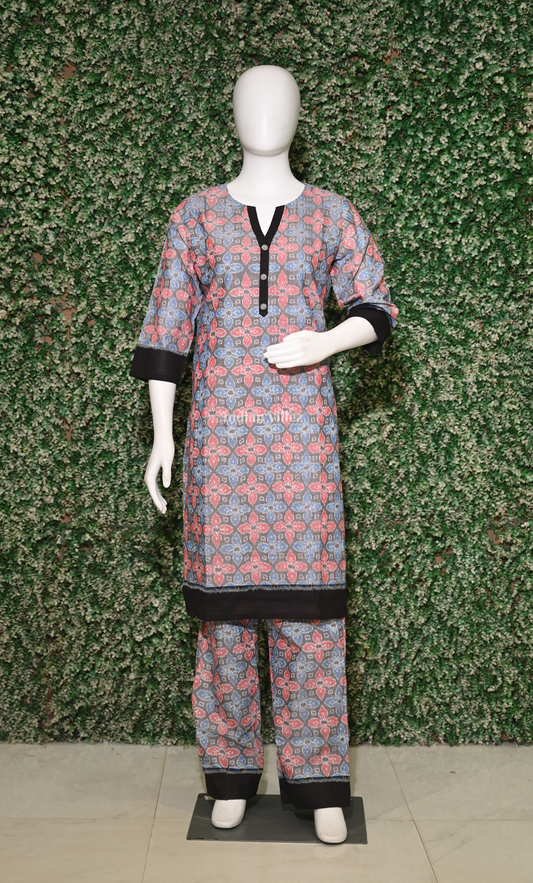 Grey Black Floral Motif Odsiha Ikat Cotton Kurti Set with Pallazo (Co-Ords Set)