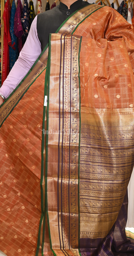 Rust Orange Coffee Check Butta Design Brocade Pure Kanjivaram Silk Saree