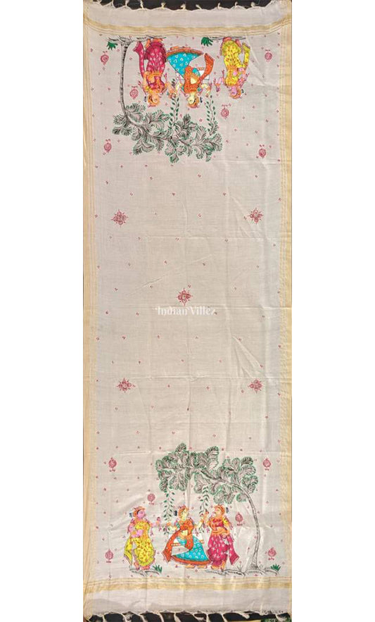 Off White Raja Theme Cotton Pattachitra Dupatta