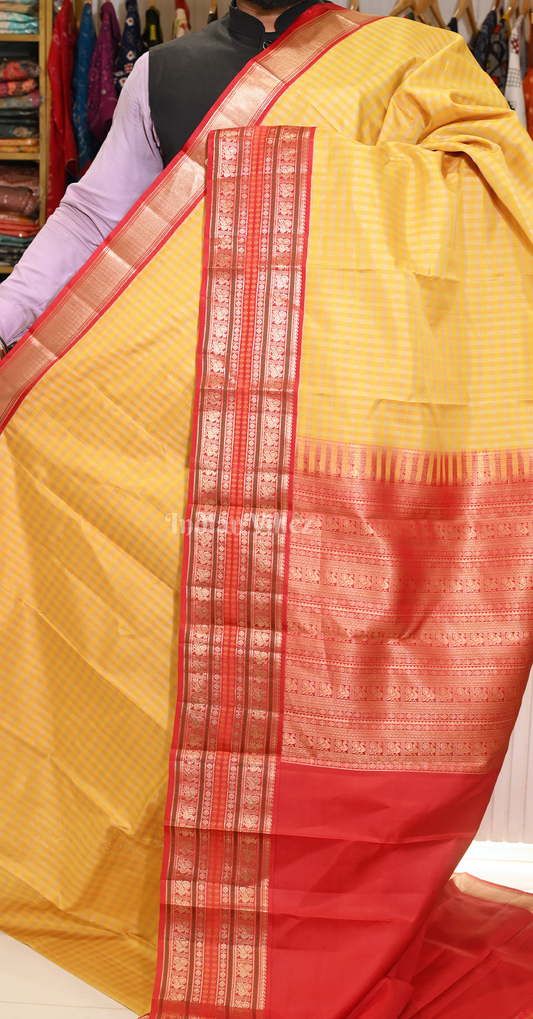 Exclusive Yellow Red Check Brocade Pure Kanjivaram Silk Saree