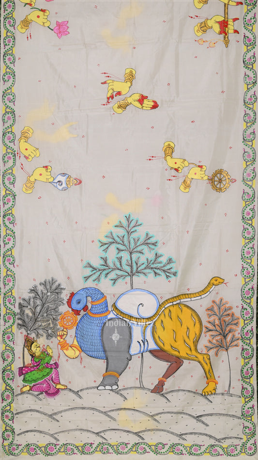 White Arjuna Bows to Navagunjara Hand-Painted Pattachitra Saree