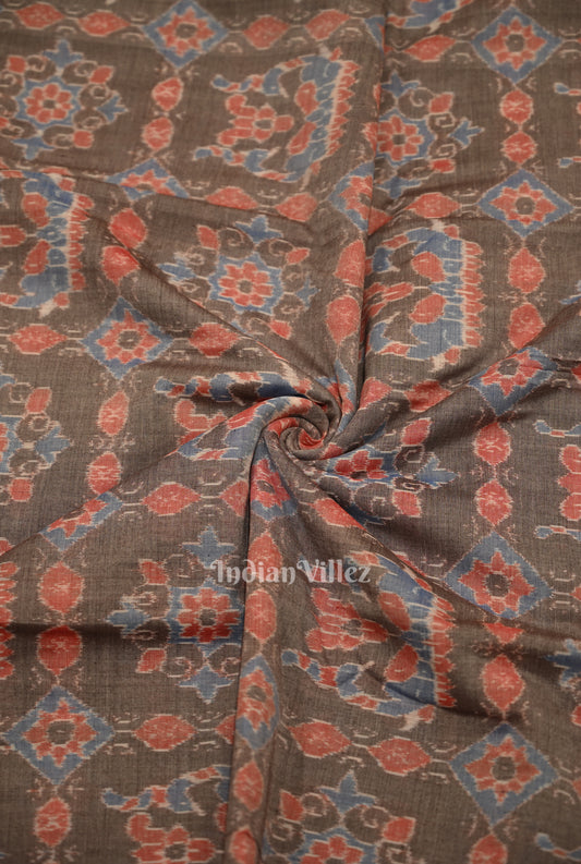 Cement Gray Black Fower Motif Sambalpuri Odisha Ikat Cotton Fabric