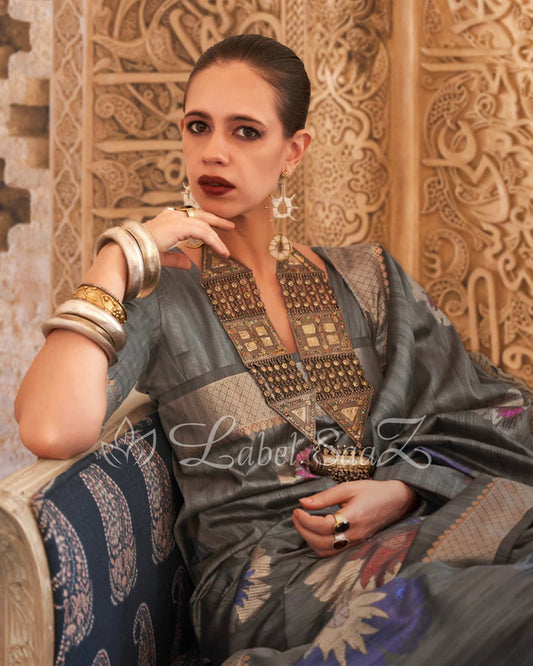 Pure Handloom Silk Grey Designer Saree
