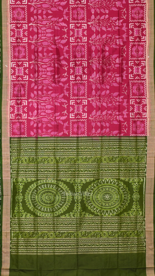 Magenta Pink Mehendi Birds Tree Sambalpuri Silk Saree