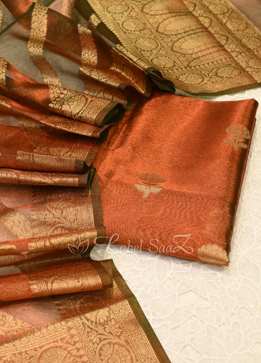 Rust Orange Floral Design Banarasi Unstitched Salwar Suit