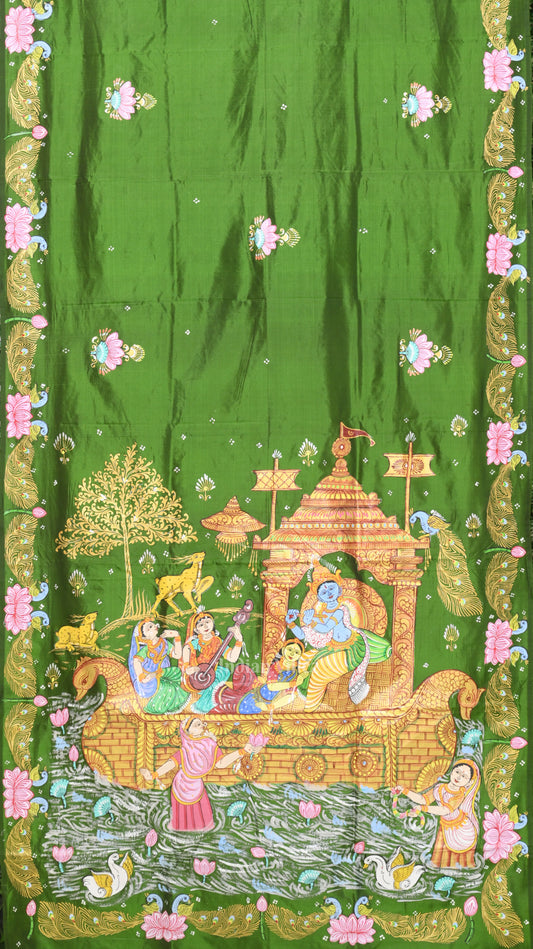 Green Boita Raasleela Hand-Painted Pattachitra Silk Saree